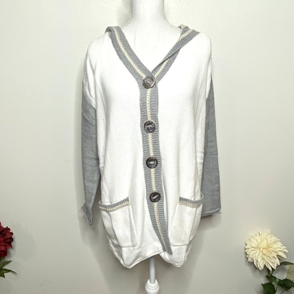 NEW Pure Knits White & Gray Hooded Cardigan Preppy Minimalist